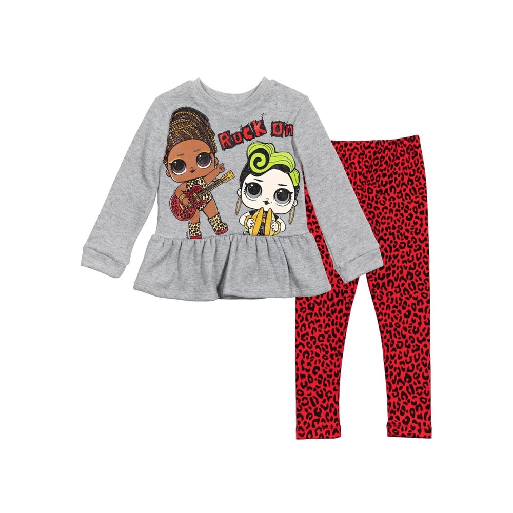 Gray Graphic Top and Red Leopard Leggings Set